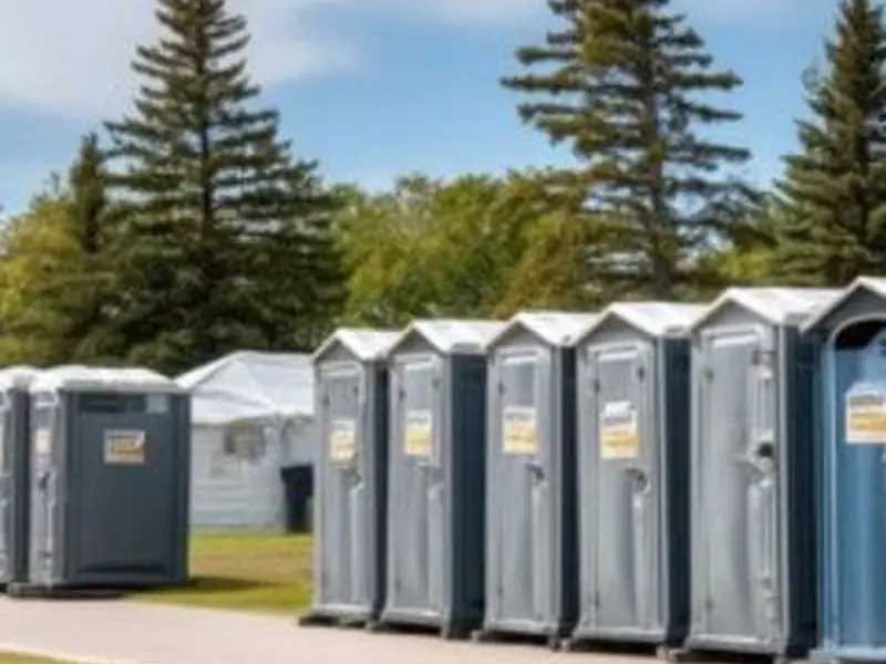 A row of gray portable restrooms placed near a white event tent on a mowed field